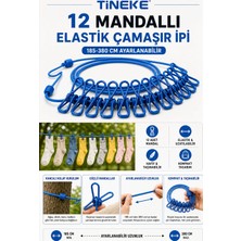 Tineke 12 Mandallı Taşınabilir Elastik Çamaşır Ipi | 185-380 cm Ayarlanabilir | Kamp, Seyahat ve Balkon Için