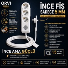 Orvi Prime 3’lü Uzatma Kablosu 1.5 Metre – 5 mm Ince Fiş, Dar Alanlar Için Özel Tasarım