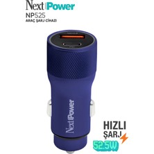 NextPower Next Power 52.5W Araç Içi Hızlı Şarj Aleti Type-C + USB Güç Adaptörü Oto Çakmaklık - Mavi