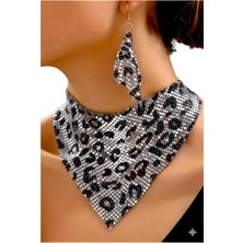Petek Aksesuar Şal Model Leopar Zırh Metal Tasarım Kolye Küpe Set