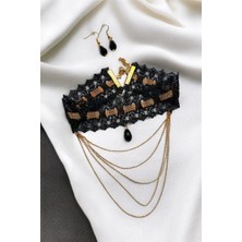 Petek Aksesuar Gotik Punk Zincir Sallantılı Tasma Choker Kolye Küpe Set