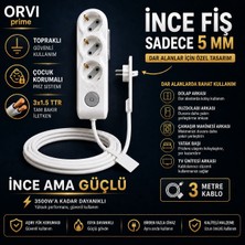 Orvi Prime 3 Metre Ince Fiş Uzatma Kablosu | 3’lü Çoklayıcı | Düğmeli | Dar Alanlar Için 5 mm | Güvenli