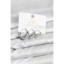 Renas Store Pirinç Gümüş Renk Zirkon Taşlı Petek Halka Model Ysx Trio Küpe Seti