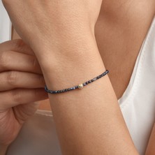 Nox Jewelry 14 Ayar Altın Kaplama Gümüş Sodalit Doğal Taş Bileklik Ortası Taşlı Top Detaylı 2,30 mm Zarif Bileklik