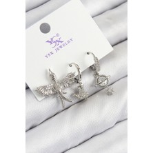 Renas Store Pirinç Zirkon Taşlı 3'lü Kuş Model Gümüş Renk Kadın Küpe