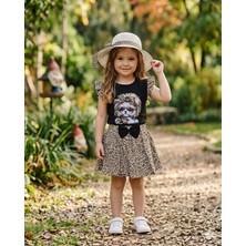 Kısmet Baby Leopar Desenli Baskılı T-Shirt Kloş Etek Şapka Takım