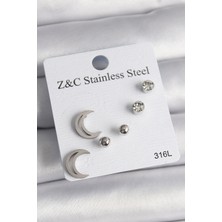 Renas Store 316L Çelik Gümüş Renk Zirkon Taşlı Hilal Model Kadın Küpe Seti
