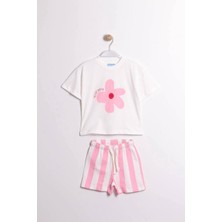 Hyggestylez Kız Çocuk Pamuklu Beyaz Çiçek Baskılı Tshirt Şort Alt Ust Takım