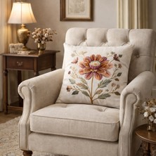 Minoza Krem Zeminli Kahve Çiçek Desenli Süet Dekoratif Kırlent Kılıfı 43 x 43 cm