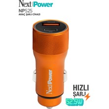 NextPower Next Power 52.5W Araç Içi Hızlı Şarj Aleti Type-C + USB Güç Adaptörü Oto Çakmaklık - Turuncu