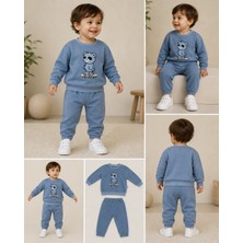 Baby Buu Buz Mavisi (6-24 Ay) Kaykaylı Ayıcık Nakışlı Kot Erkek Bebek Takım