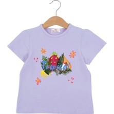 Bubuga Kız Çocuk %100 Pamuk Lila Renk Tropical Baskılı Kısa Kol Tshirt
