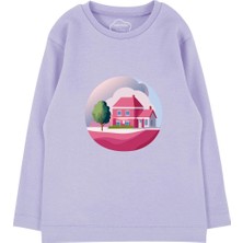 Bubuga Kız Çocuk %100 Pamuk Lila Renk Fuşya Ev Baskılı Uzun Kol Tshirt