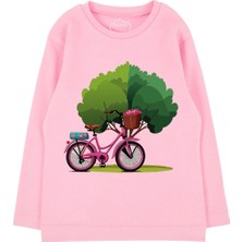 Bubuga Kız Çocuk %100 Pamuk Pembe Renk Bisiklet Baskılı Uzun Kol Tshirt