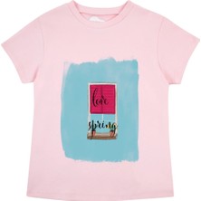 Bubuga Kız Çocuk %100 Pamuk Pembe Love Spring Baskılı Kısa Kol Tshirt