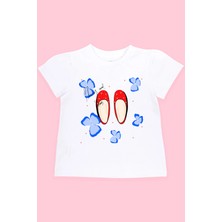 Bubuga Kız Çocuk %100 Pamuk Beyaz Kırmızı Ayakkabı Baskılı Kısa Kol Tshirt