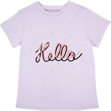 Bubuga Kız Çocuk %100 Pamuk Lila Hello Baskılı Kısa Kol Tshirt