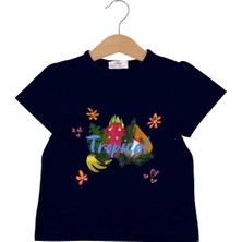 Bubuga Kız Çocuk %100 Pamuk Lacivert Renk Tropical Baskılı Kısa Kol Tshirt