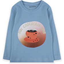 Bubuga Kız Çocuk %100 Pamuk Gök Mavisi Renk Hot Chocolate Baskılı Uzun Kol Tshirt