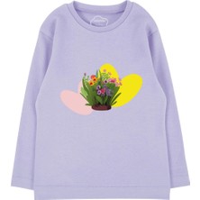 Bubuga Kız Çocuk %100 Pamuk Lila Renk Çiçek Baskılı Uzun Kol Tshirt