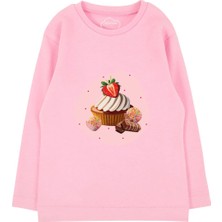 Bubuga Kız Çocuk %100 Pamuk Pembe Renk Cupcake Baskılı Uzun Kol Tshirt