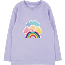 Bubuga Kız Çocuk %100 Pamuk Lila Renk Gökkuşağı Baskılı Uzun Kol Tshirt
