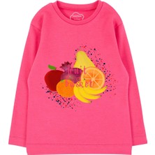 Bubuga Kız Çocuk %100 Pamuk Fuşya Renk Fruit Baskılı Uzun Kol Tshirt