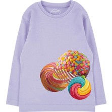 Bubuga Kız Çocuk %100 Pamuk Lila Renk Şeker Baskılı Uzun Kol Tshirt