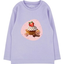 Bubuga Kız Çocuk %100 Pamuk Lila Renk Cupcake Baskılı Uzun Kol Tshirt
