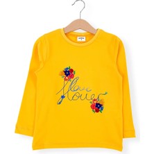 Bubuga Kız Çocuk %100 Pamuk Sarı Renk Flowers Baskılı Uzun Kol Tshirt