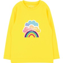 Bubuga Kız Çocuk %100 Pamuk Sarı Renk Gökkuşağı Baskılı Uzun Kol Tshirt