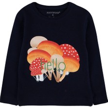 Bubuga Kız Çocuk %100 Pamuk Lacivert Renk Hello Mantar Baskılı Uzun Kol Tshirt