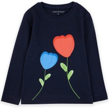 Bubuga Kız Çocuk %100 Pamuk Lacivert Renk Gergous Baskılı Uzun Kol Tshirt