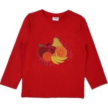 Bubuga Kız Çocuk %100 Pamuk Kırmızı Renk Fruit Baskılı Uzun Kol Tshirt