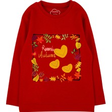 Bubuga Kız Çocuk %100 Pamuk Kırmızı Renk Romantic Baskılı Uzun Kol Tshirt