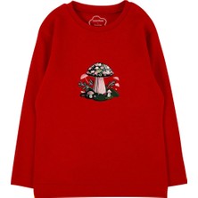 Bubuga Kız Çocuk %100 Pamuk Kırmızı Renk Mantar Baskılı Uzun Kol Tshirt
