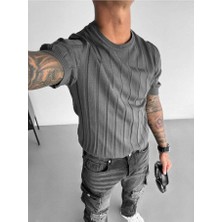 Elku Moda Old Money Style Erkek Slim Fit Dikey Çizgili T-Shirt Bisiklet Yaka Fitilli Triko Örme Tişört