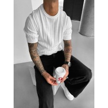 Elku Moda Old Money Style Erkek Slim Fit Dikey Çizgili T-Shirt Bisiklet Yaka Fitilli Triko Örme Tişört