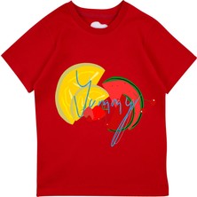 Bubuga Kız Çocuk %100 Pamuk Kırmızı Yummy Baskılı Kısa Kol Tshirt