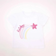 Bubuga Kız Çocuk %100 Pamuk Beyaz Renk Rainbow Baskılı Kısa Kol Tshirt
