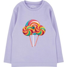 Bubuga Kız Çocuk %100 Pamuk Lila Renk Lolipop Baskılı Uzun Kol Tshirt