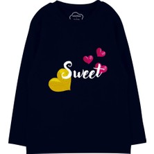 Bubuga Kız Çocuk %100 Pamuk Lacivert Renk Sweet Baskılı Uzun Kol Tshirt