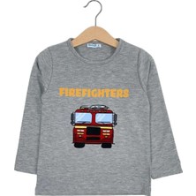 Bubuga Erkek Çocuk %100 Pamuk Gri Renk Itfaiye Baskılı Uzun Kol Tshirt