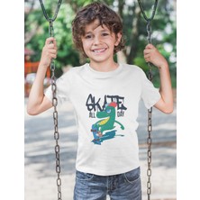 Bubuga Erkek Çocuk Skate All Day Dinozor Baskılı Kısa Kollu Tişört – %100 Pamuk Süprem Kumaş