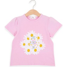 Bubuga Kız Çocuk %100 Pamuk Pembe Renk Papatya Baskılı Kısa Kol Tshirt