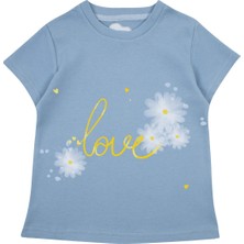 Bubuga Kız Çocuk %100 Pamuk Gök Mavi Love Papatya Baskılı Kısa Kol Tshirt