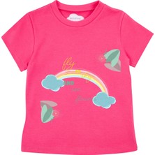 Bubuga Kız Çocuk %100 Pamuk Fuşya Gökkuşağı Baskılı Kısa Kol Tshirt