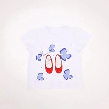Bubuga Kız Çocuk %100 Pamuk Beyaz Renk Ayakkabı Baskılı Kısa Kol Tshirt
