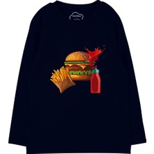 Bubuga Erkek Çocuk %100 Pamuk Lacivert Renk Hamburger Baskılı Uzun Kol Tshirt