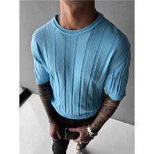 Elku Moda Old Money Style Erkek Slim Fit Dikey Çizgili T-Shirt Bisiklet Yaka Fitilli Triko Örme Tişört